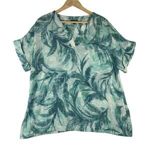Ava & Grace Popover Blouse Women's XL Green Tropical Resort Vacation Palm Swim